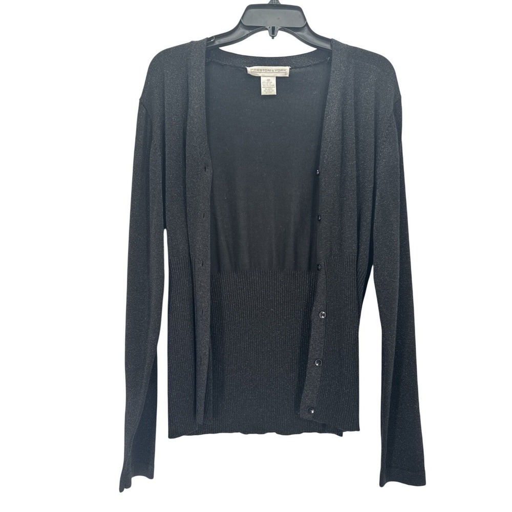 Preston & York Black Shimmer Cardigan Metallic V-Neck Ribbed Waist Sweater M